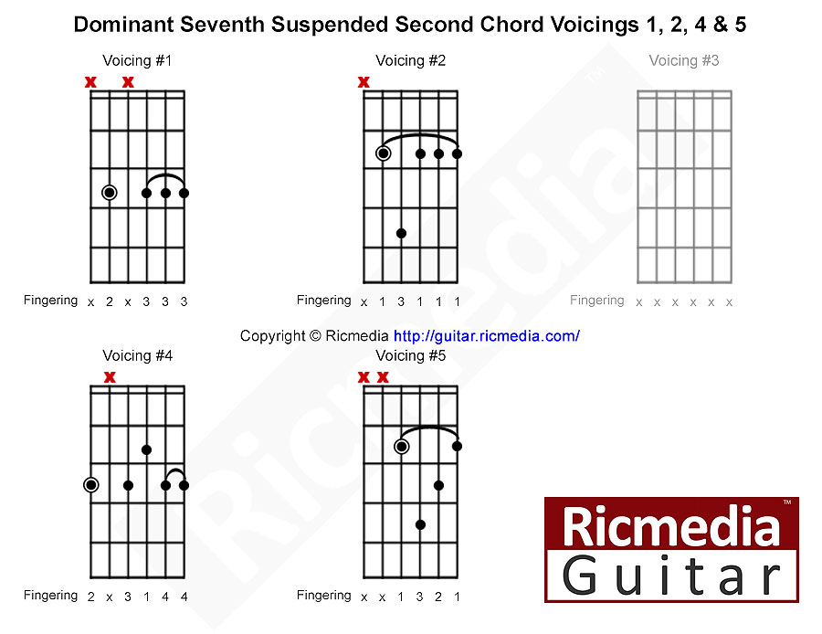 Dominant seventh suspended second chord shapes for guitar