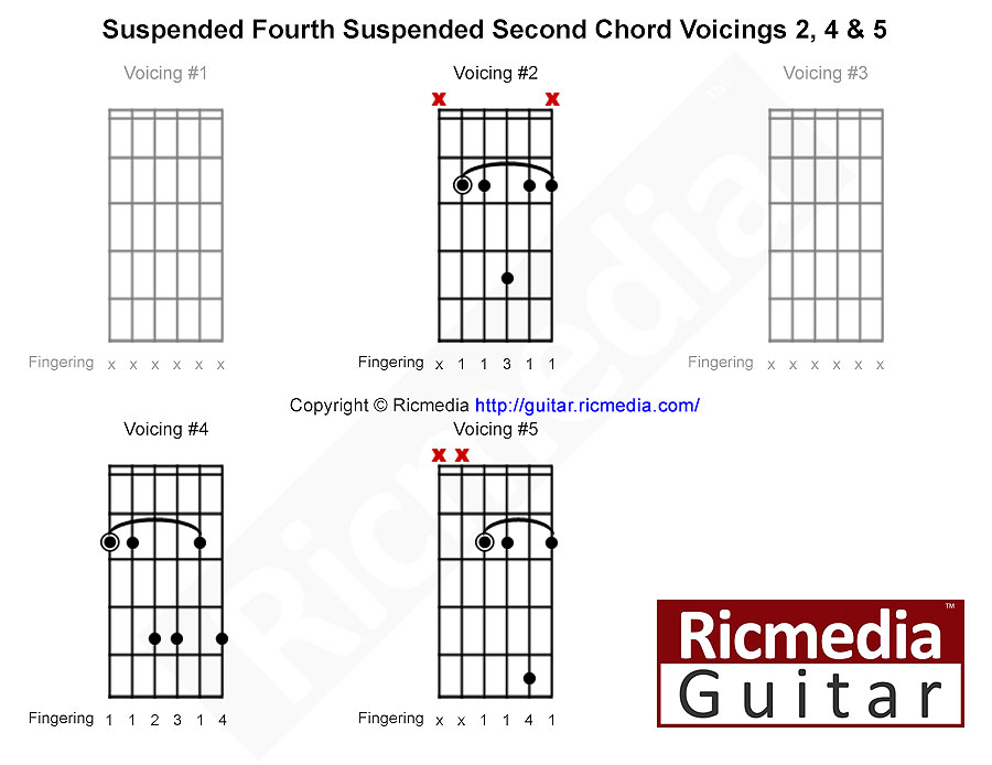 Suspended second suspended fourth chord shapes for guitar